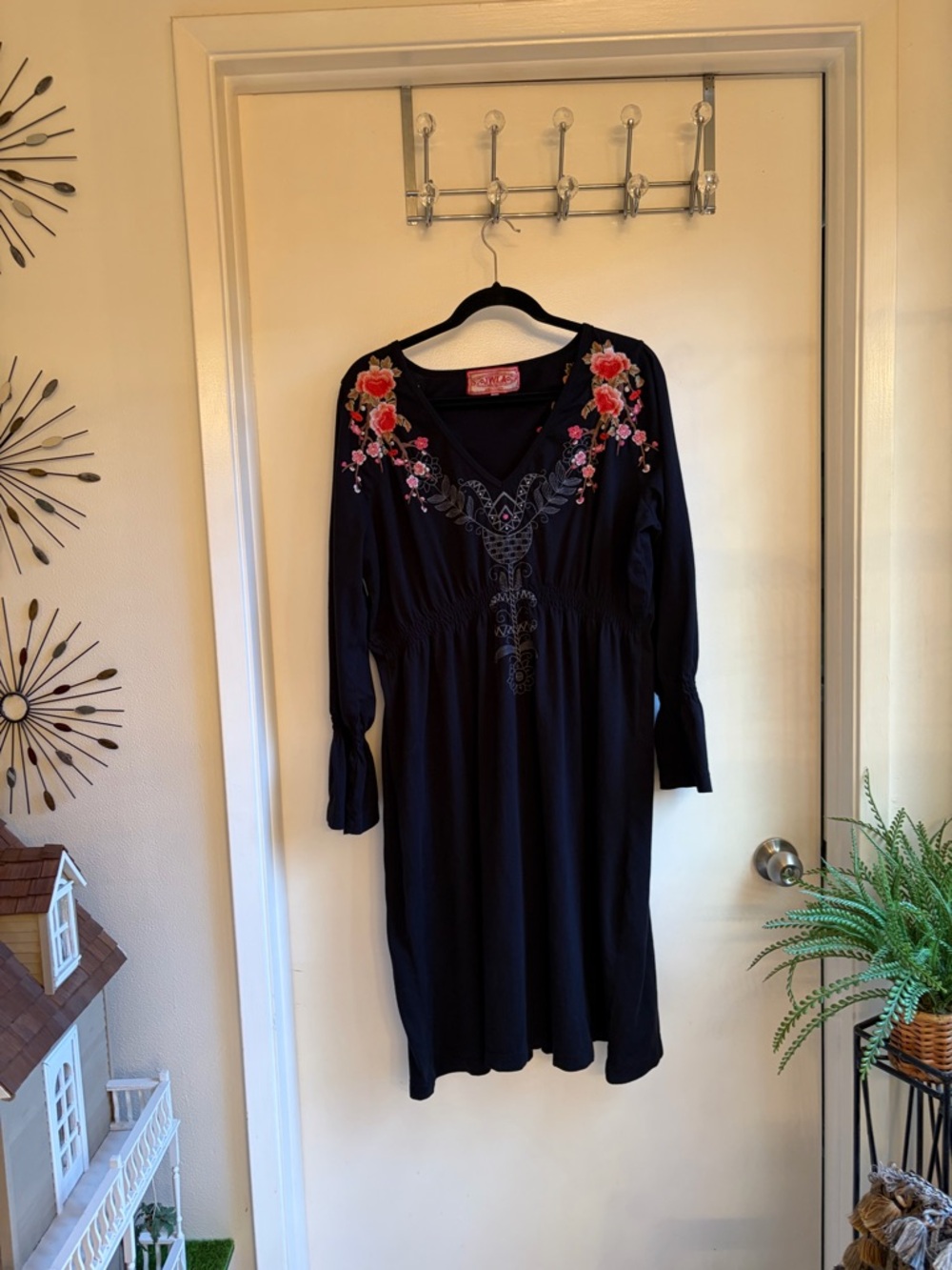 Embroidered Black Floral V-Neck Women’s Dress